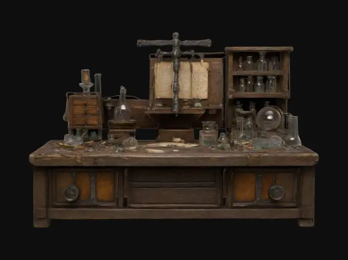 3D model for And medieval style alchemists desk with beakers vials and other assorted debris, in the center of triple beam scale. The desk is made out of wood weathered and old. Extremely detailed items on the desk