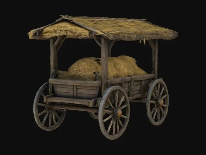 3D model for Medieval, wishing well  buggy full of hay, Highly Detailed, Ultra Realistic, 