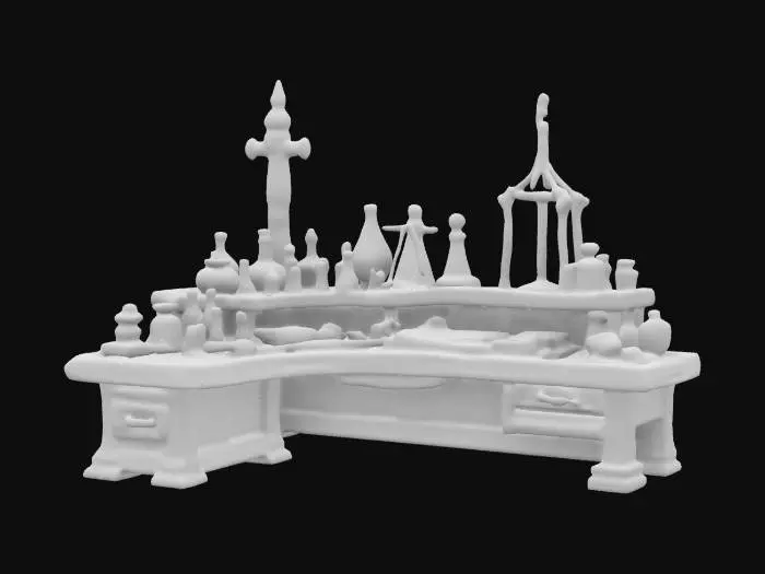 3D model for And medieval style alchemists desk with beakers vials and other assorted debris, in the center of triple beam scale. The desk is made out of wood weathered and old. Extremely detailed items on the desk