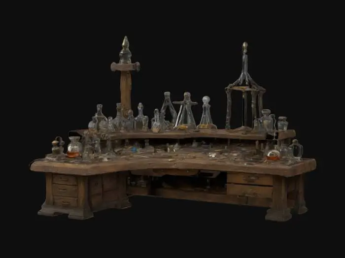3D model for And medieval style alchemists desk with beakers vials and other assorted debris, in the center of triple beam scale. The desk is made out of wood weathered and old. Extremely detailed items on the desk