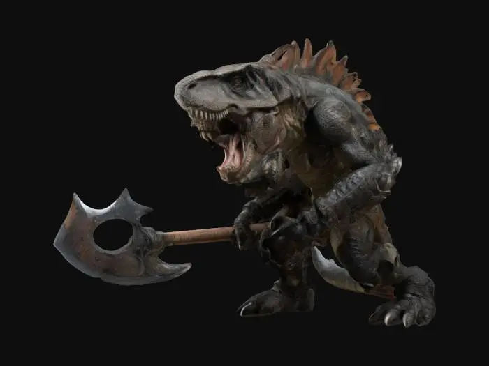 3D model for a highly detailed ultra realistic tyrannosaurus Rex warrior, leather armor carrying a huge battle ax