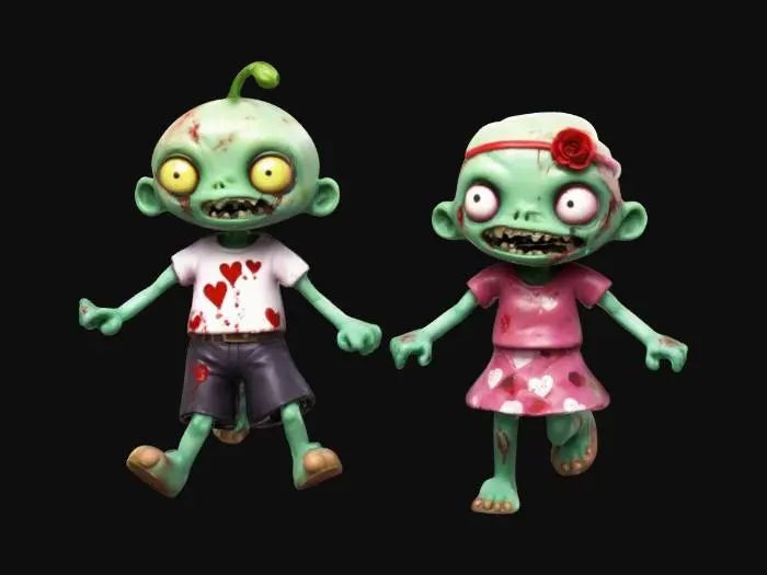 3D model for 2 cute chibi style PvZ style zombies holding hands and skipping , #valentine#
