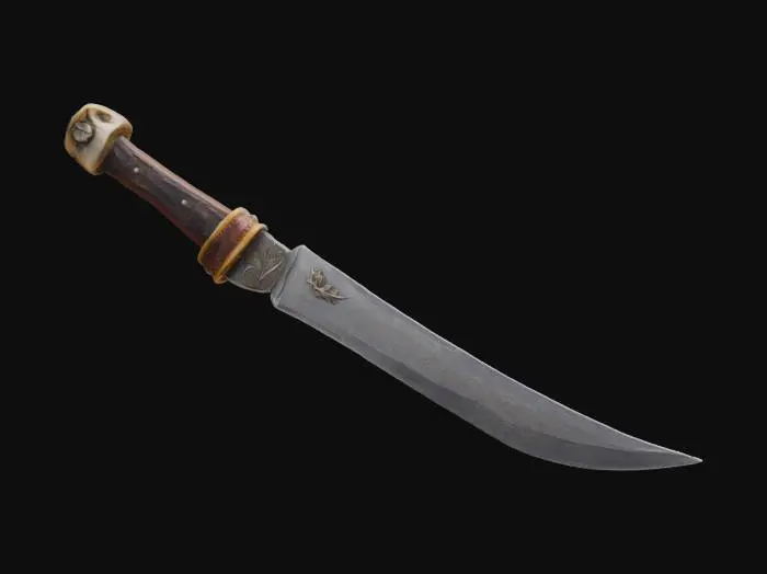 3D model for A knife made from stone with a antler handle and leather straps highly detailed , Stone, Leather, Carved, Rough, #game figure#,  