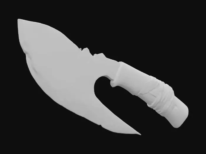 3D model for A ancient knife made from stone with a antler handle and leather straps highly detailed , Stone, Leather, Carved, Rough, the knife is stone gray the antler is brown and white and the leather strap is wrapped around the handle holding it together  