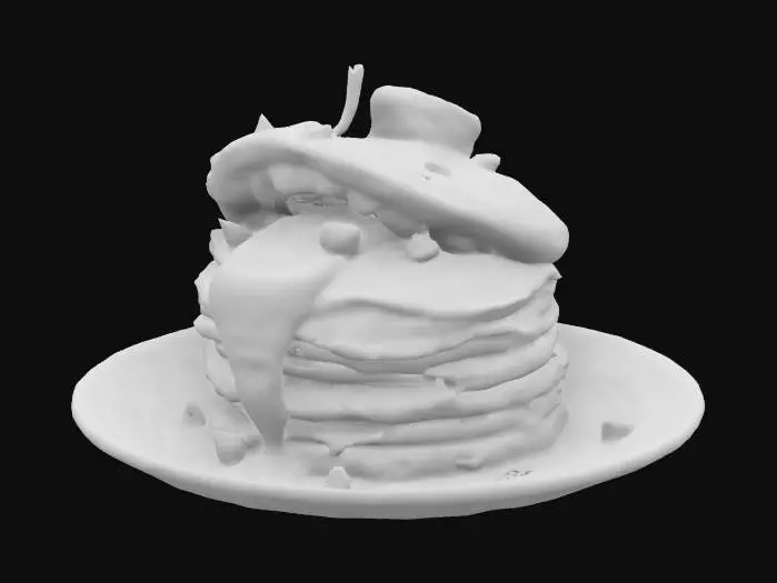 3D model for A stack of pancakes monster with his mouth open butter running it off of him his tongue out and teeth made out of chocolate chips