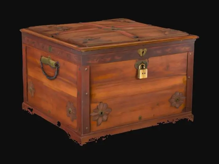 3D model for A large Victorian cedar chest with brass hardware and a rusty padlock