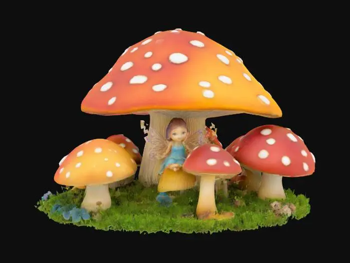 3D model for A beautiful mushroom garden with a tiny beautiful fairy sitting in the middle round base , #garden#,  