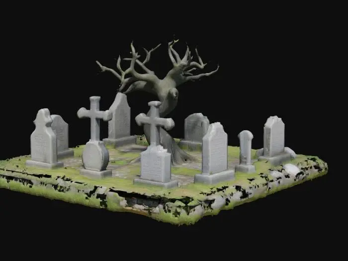 3D model for A square graveyard full of headstones of all shapes and sizes and a dead tree on a base  , #garden#