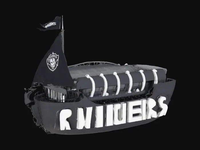 3D model for [Las Vegas] allegiant stadium as a pirate ship, with a raiders flag on the top , #AroundTheWorld# black and silver colors RAIDERS on on side in silver big bold letters 