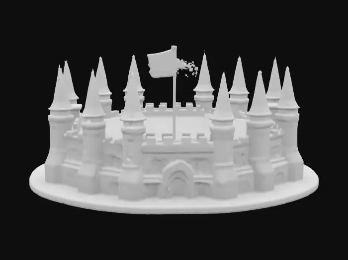 3D model for [Las Vegas] allegiant stadium as a medieval castle, with a raiders flag on the top , #AroundTheWorld# black and silver colors RAIDERS on on side in silver big bold letters 