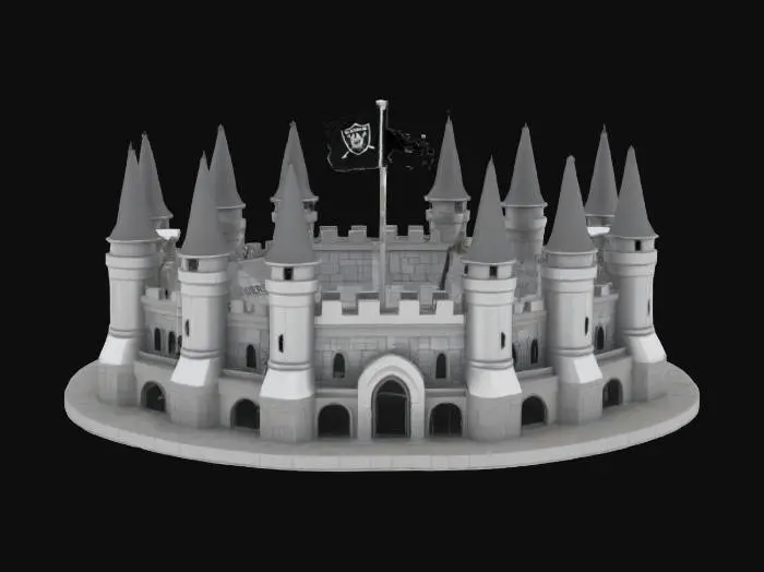 3D model for [Las Vegas] allegiant stadium as a medieval castle, with a raiders flag on the top , #AroundTheWorld# black and silver colors RAIDERS on on side in silver big bold letters 