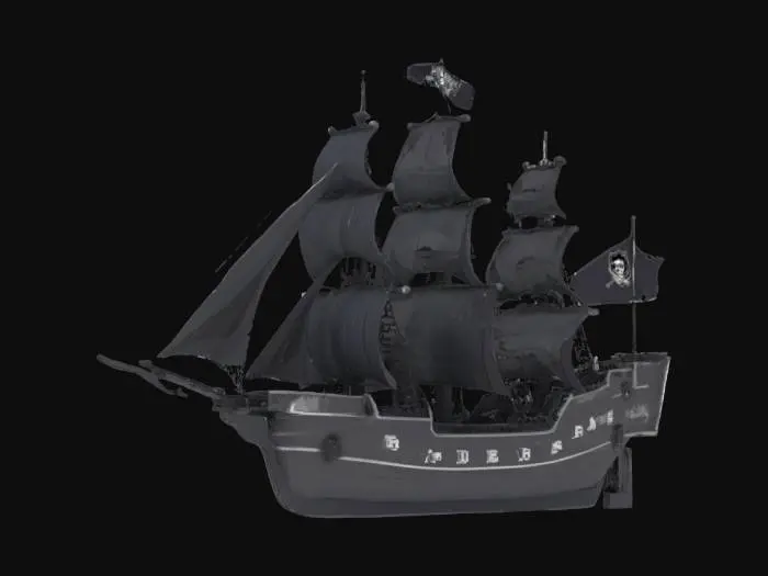 3D model for [Las Vegas] allegiant stadium as a pirate ship, with a raiders flag on the top , #AroundTheWorld# black and silver colors RAIDERS on on side in silver big bold letters 
