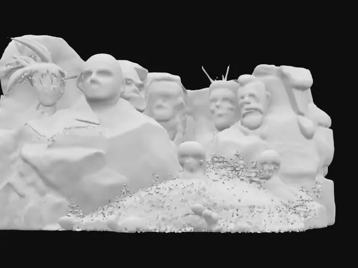 3D model for [South Dakota} Mount Rushmore with anime faces, the faces are, GOKU from dragon ball z, the next face is Ryuk from death note, the third face is ash from Pokémon the last face is Monkey D. Luffy from one piece, highly detailed carved from stone., #AroundTheWorld#