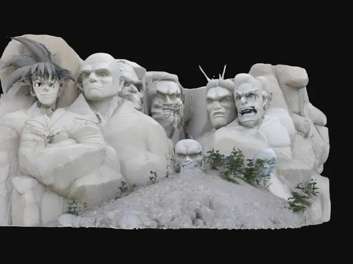 3D model for [South Dakota} Mount Rushmore with anime faces, the faces are, GOKU from dragon ball z, the next face is Ryuk from death note, the third face is ash from Pokémon the last face is Monkey D. Luffy from one piece, highly detailed carved from stone., #AroundTheWorld#