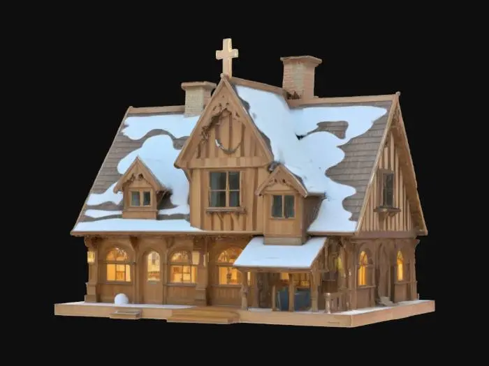 3D model for [England] a beautiful whimsical English college made from wood with a pitched roof lightly covered by snow #AroundTheWorld#