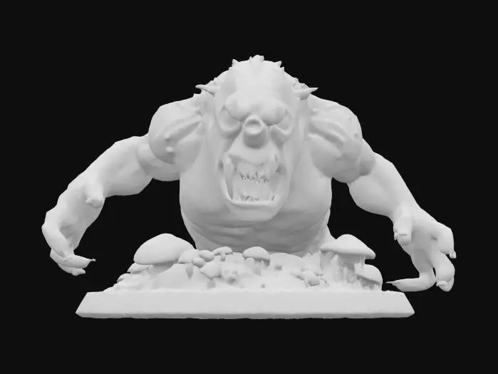 3D model for a huge gross zombie ogre on a round base covered in weeds and mushrooms 