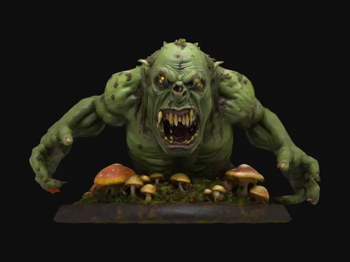 3D model for a huge gross zombie ogre on a round base covered in weeds and mushrooms 