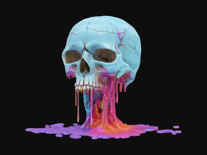 3D model for The object is a melting skull and brain design, featuring vibrant colors and dripping textures., 