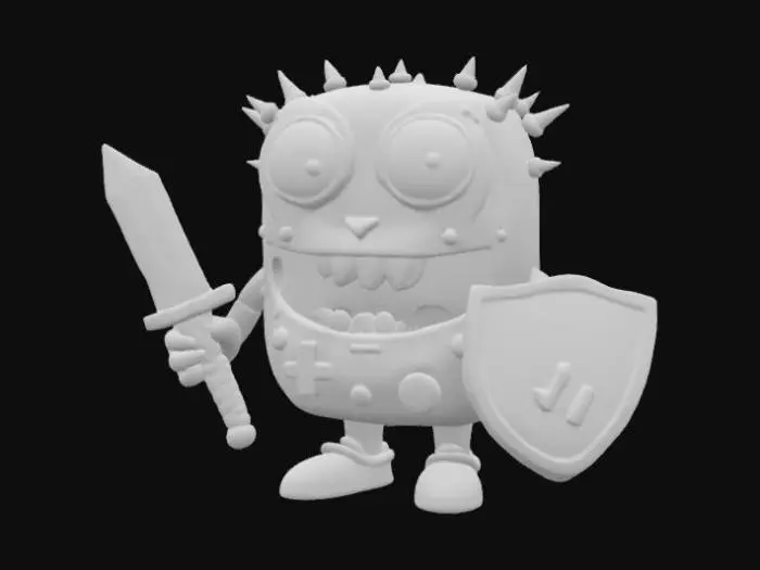 3D model for Nintendo game boy monster rectangle game boy body with a monster mouth arms and legs game asset battle ready holding a shield and a sword in a cartoon style oversized characteristics