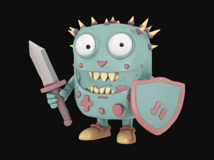 3D model for Nintendo game boy monster rectangle game boy body with a monster mouth arms and legs game asset battle ready holding a shield and a sword in a cartoon style oversized characteristics