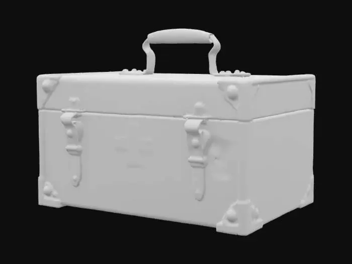 3D model for A rustic, rectangular wooden medical kit, resembling those used in WW1, made from light, untreated pine. Its surface is weathered and marked with scuffs and faint scratches, revealing a coarse, splintery texture that feels dry to the touch. The wood is a faded, natural beige, held together by visible dovetail joints at the corners and reinforced with dark, oxidized metal latches and a simple, thick handle on top. It conveys a utilitarian, worn aesthetic.