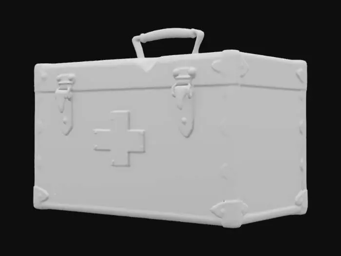 3D model for A rustic, rectangular wooden medical kit, resembling those used in WW1, made from light, untreated pine. Its surface is weathered and marked with scuffs and faint scratches, revealing a coarse, splintery texture that feels dry to the touch. The wood is a faded, natural beige, held together by visible dovetail joints at the corners and reinforced with dark, oxidized metal latches and a simple, thick handle on top. It conveys a utilitarian, worn aesthetic.