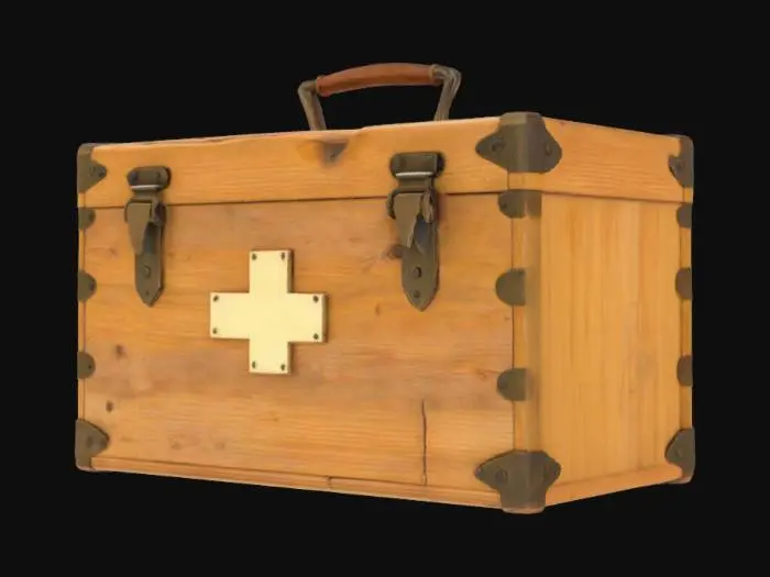 3D model for A rustic, rectangular wooden medical kit, resembling those used in WW1, made from light, untreated pine. Its surface is weathered and marked with scuffs and faint scratches, revealing a coarse, splintery texture that feels dry to the touch. The wood is a faded, natural beige, held together by visible dovetail joints at the corners and reinforced with dark, oxidized metal latches and a simple, thick handle on top. It conveys a utilitarian, worn aesthetic.