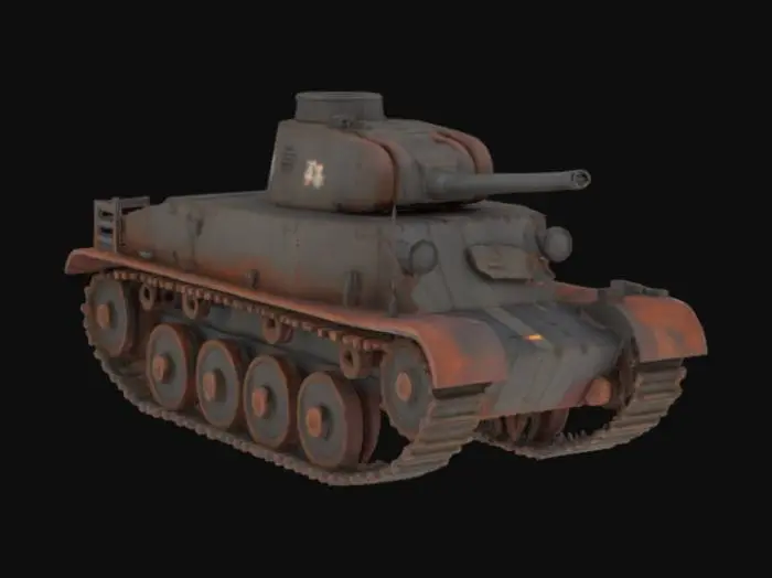 3D model for A squat, menacing World War I German A7V tank, characterized by its angular, slab-sided construction of unpainted, dark gray steel, mottled with patches of reddish-brown rust. The overlapping armor plates are visibly bolted together with large, crude rivets, creating a rough, uneven texture that feels cold and metallic. Its cumbersome, segmented tracks are wide and deep-treaded, covered in dried mud and grit, emphasizing its slow, unstoppable advance across rugged terrain.