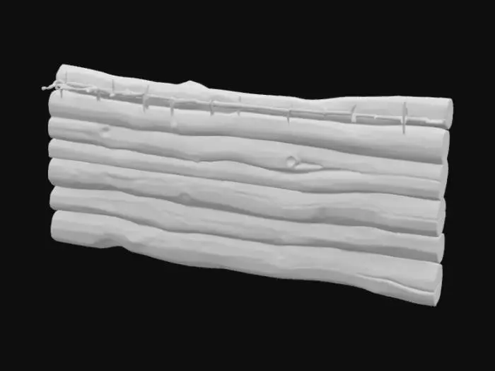 3D model for A hastily constructed World War II wooden barricade, featuring rough-hewn pine logs and planks nailed together into a sturdy, uneven wall. The untreated wood is a faded, weathered gray-brown, displaying prominent grain and splinters, feeling coarse and dry. Tangled masses of rusted, barbed wire are haphazardly strung across the top and front, its sharp points a dull, oxidized red, creating a formidable and dangerous barrier that looks both crude and effective.