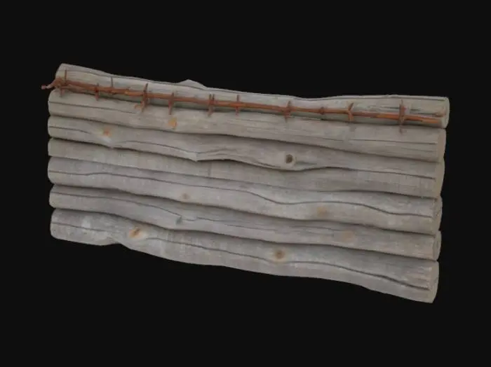 3D model for A hastily constructed World War II wooden barricade, featuring rough-hewn pine logs and planks nailed together into a sturdy, uneven wall. The untreated wood is a faded, weathered gray-brown, displaying prominent grain and splinters, feeling coarse and dry. Tangled masses of rusted, barbed wire are haphazardly strung across the top and front, its sharp points a dull, oxidized red, creating a formidable and dangerous barrier that looks both crude and effective.