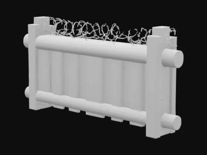 3D model for A hastily constructed World War II wooden barricade, featuring rough-hewn pine logs and planks nailed together into a sturdy, uneven wall. The untreated wood is a faded, weathered gray-brown, displaying prominent grain and splinters, feeling coarse and dry. Tangled masses of rusted, barbed wire are haphazardly strung across the top and front, its sharp points a dull, oxidized red, creating a formidable and dangerous barrier that looks both crude and effective.