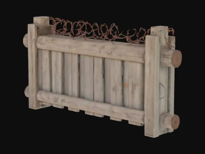3D model for A hastily constructed World War II wooden barricade, featuring rough-hewn pine logs and planks nailed together into a sturdy, uneven wall. The untreated wood is a faded, weathered gray-brown, displaying prominent grain and splinters, feeling coarse and dry. Tangled masses of rusted, barbed wire are haphazardly strung across the top and front, its sharp points a dull, oxidized red, creating a formidable and dangerous barrier that looks both crude and effective.