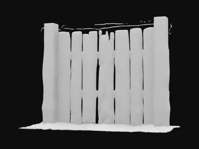 3D model for A robust World War II era wooden barricade, built from thick, unpainted oak beams driven vertically into the earth and reinforced with horizontal cross-members, forming a solid, dark brown barrier. The wood's surface is rough and textured, with visible axe marks and deep age cracks. Multiple strands of tightly wound, galvanized barbed wire, still glinting with a dull silver sheen, are stretched taut across the top, presenting a sharp, unyielding deterrent.