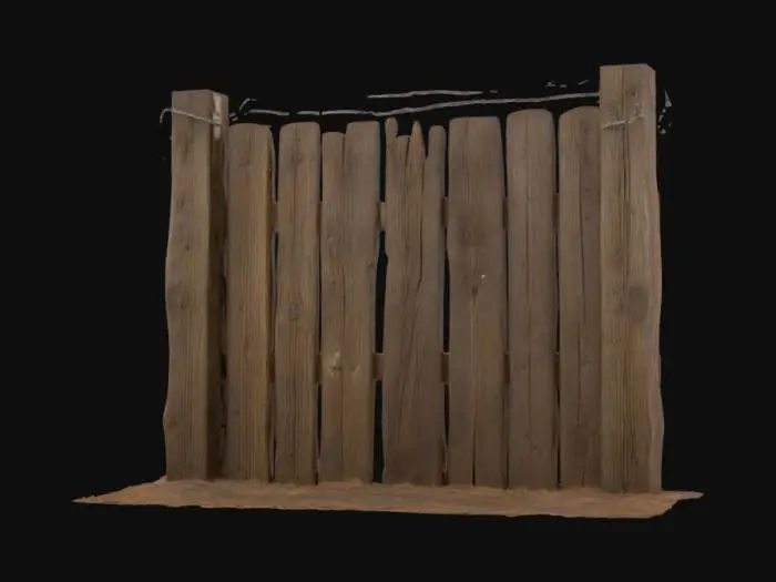 3D model for A robust World War II era wooden barricade, built from thick, unpainted oak beams driven vertically into the earth and reinforced with horizontal cross-members, forming a solid, dark brown barrier. The wood's surface is rough and textured, with visible axe marks and deep age cracks. Multiple strands of tightly wound, galvanized barbed wire, still glinting with a dull silver sheen, are stretched taut across the top, presenting a sharp, unyielding deterrent.