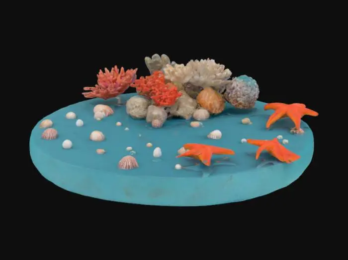 3D model for #ocean#, round game ready base with coral and small shells and starfish