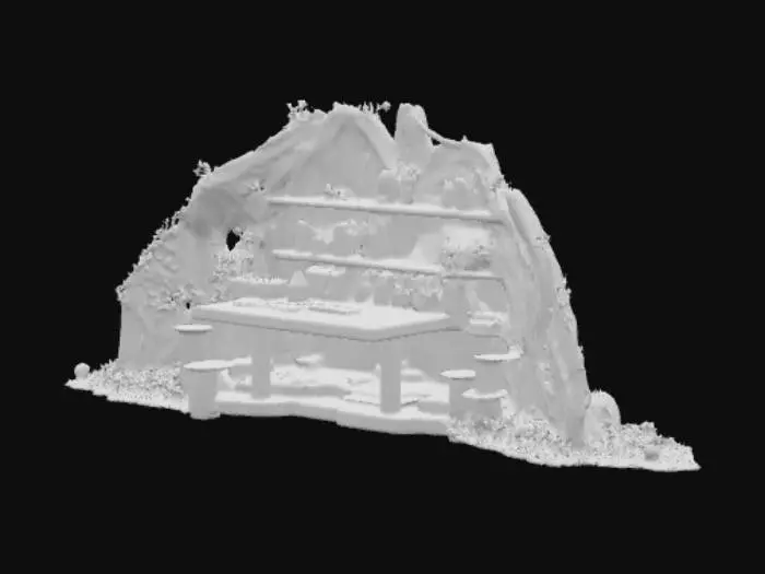 3D model for A rustic, open-fronted wooden structure crafted from massive, gnarled tree trunks and rough-hewn logs forming its walls and roof, giving it a deeply textured, organic appearance. The wood is a rich, varied brown, with visible bark and natural crevices. Its roof is partially covered with lush green foliage, appearing soft and leafy. Inside, sturdy wooden shelves are packed with numerous bottles and books, while a rough-hewn table and stools furnish the space, all made from raw, natural wood.