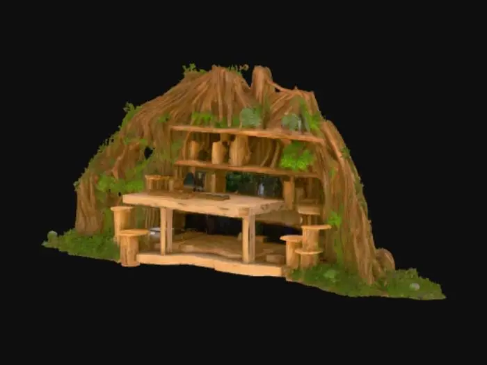 3D model for A rustic, open-fronted wooden structure crafted from massive, gnarled tree trunks and rough-hewn logs forming its walls and roof, giving it a deeply textured, organic appearance. The wood is a rich, varied brown, with visible bark and natural crevices. Its roof is partially covered with lush green foliage, appearing soft and leafy. Inside, sturdy wooden shelves are packed with numerous bottles and books, while a rough-hewn table and stools furnish the space, all made from raw, natural wood.