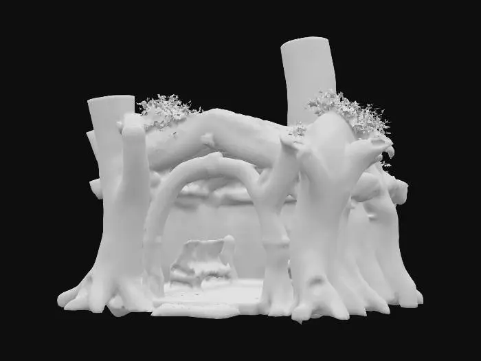 3D model for A rustic, open-fronted wooden structure crafted from massive, gnarled tree trunks and rough-hewn logs forming its walls and roof, giving it a deeply textured, organic appearance. The wood is a rich, varied brown, with visible bark and natural crevices. Its roof is partially covered with lush green foliage, appearing soft and leafy. Inside, sturdy wooden shelves are packed with numerous bottles and books, while a rough-hewn table and stools furnish the space, all made from raw, natural wood.