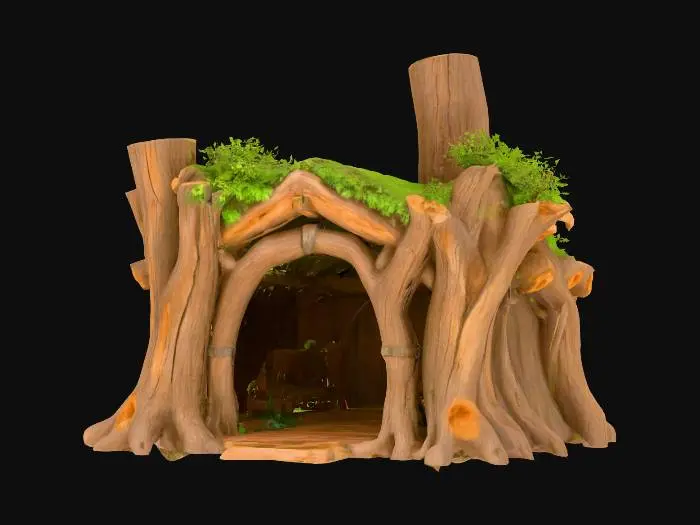 3D model for A rustic, open-fronted wooden structure crafted from massive, gnarled tree trunks and rough-hewn logs forming its walls and roof, giving it a deeply textured, organic appearance. The wood is a rich, varied brown, with visible bark and natural crevices. Its roof is partially covered with lush green foliage, appearing soft and leafy. Inside, sturdy wooden shelves are packed with numerous bottles and books, while a rough-hewn table and stools furnish the space, all made from raw, natural wood.