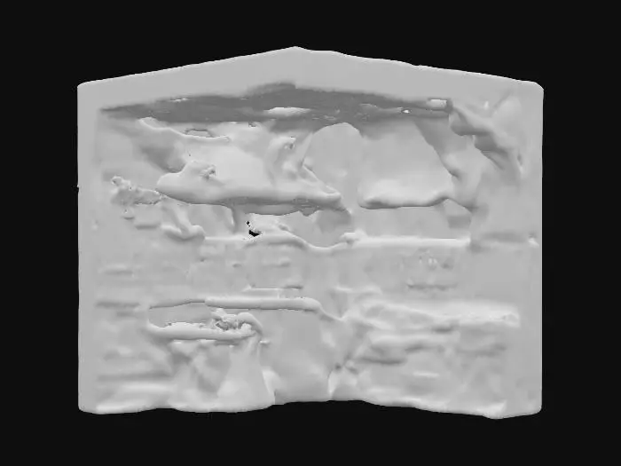 3D model for A rustic, open-fronted wooden structure crafted from massive, gnarled tree trunks and rough-hewn logs forming its walls and roof, giving it a deeply textured, organic appearance. The wood is a rich, varied brown, with visible bark and natural crevices. Its roof is partially covered with lush green foliage, appearing soft and leafy. Inside, sturdy wooden shelves are packed with numerous bottles and books, while a rough-hewn table and stools furnish the space, all made from raw, natural wood.