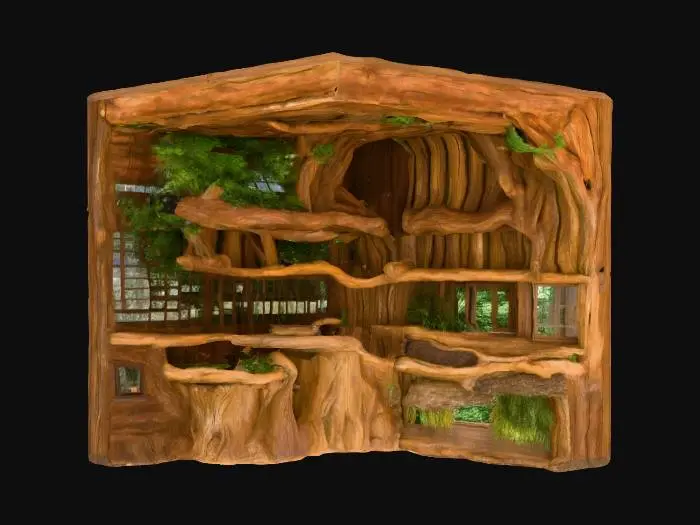 3D model for A rustic, open-fronted wooden structure crafted from massive, gnarled tree trunks and rough-hewn logs forming its walls and roof, giving it a deeply textured, organic appearance. The wood is a rich, varied brown, with visible bark and natural crevices. Its roof is partially covered with lush green foliage, appearing soft and leafy. Inside, sturdy wooden shelves are packed with numerous bottles and books, while a rough-hewn table and stools furnish the space, all made from raw, natural wood.