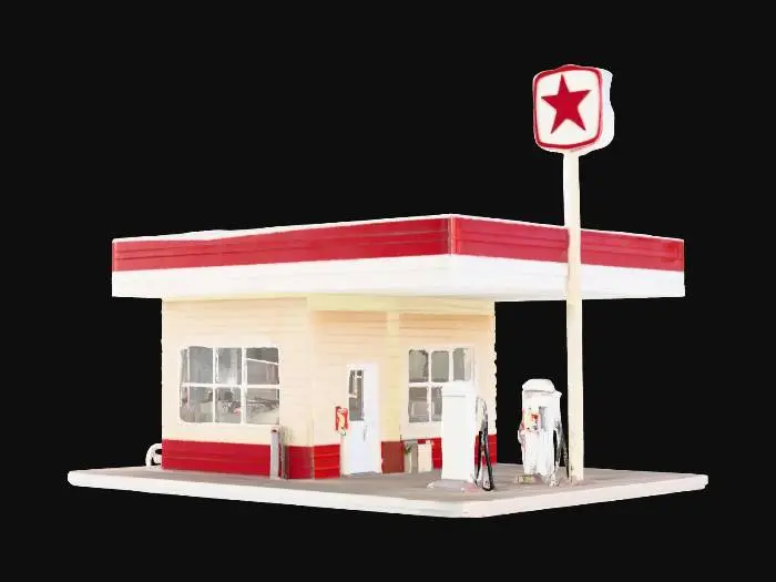 3D model for A detailed book nook featuring the miniaturized front of a retro gas station. The compact structure includes a cream-colored building facade with clear windows and a small entrance door, all made from smooth, painted wood. A wide, flat canopy extends over two tiny, silver-toned metal fuel pumps. A tall, slender pole supports a vintage-style sign with red and white branding. The ground is a dark grey, subtly textured asphalt, and the entire piece appears clean and meticulously crafted.