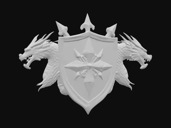 3D model for #PBR#, a crest medieval style with double dragon heads on the face it is in a oval shape with a flat back , #PBR#