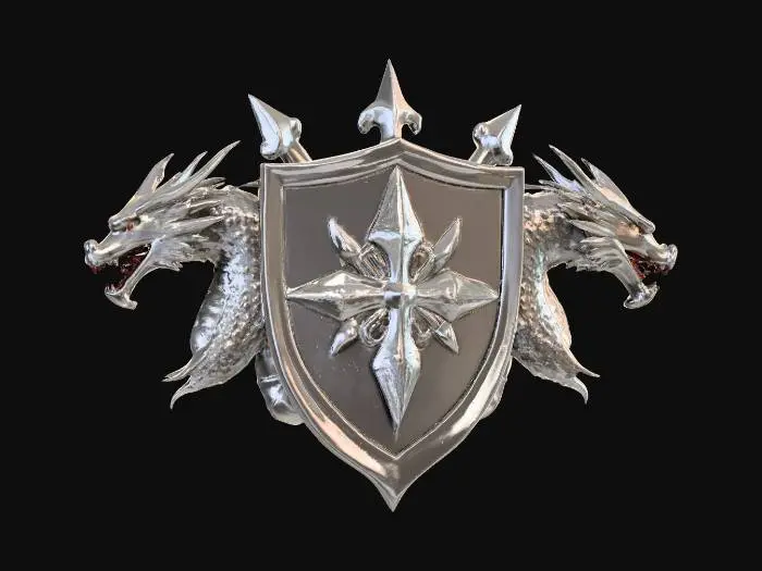 3D model for #PBR#, a crest medieval style with double dragon heads on the face it is in a oval shape with a flat back , #PBR#