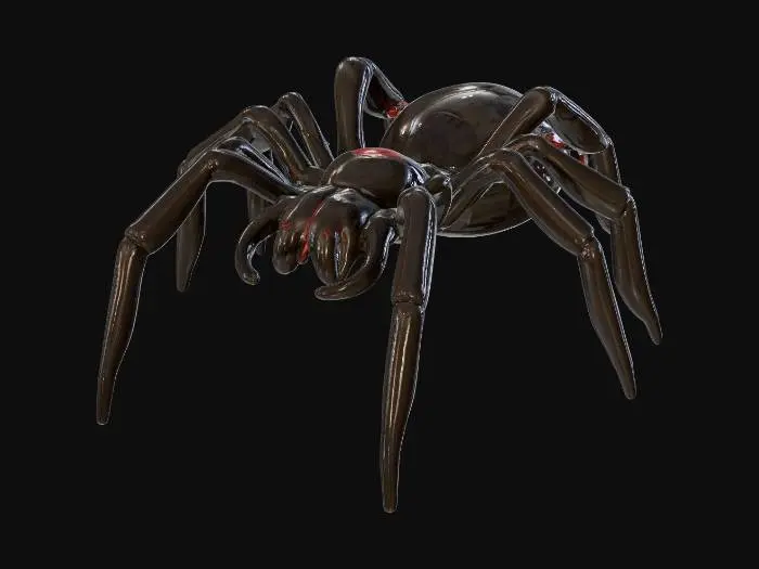 3D model for A minimalistic glossy ceramic sculpture of a black widow spider, stylized with soft edges, polished glaze in black with a red but, highly reflective glossy finish, modern decorative aesthetic, cinematic render, dark gradient background., #PBR#