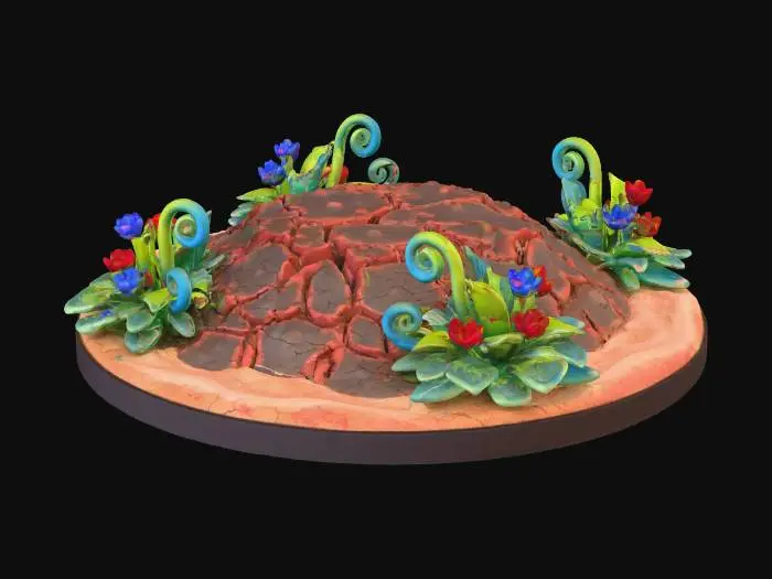 3D model for a stylized sand and small plants around a dirt base in a fantasy dnd style highly detailed simple shapes   