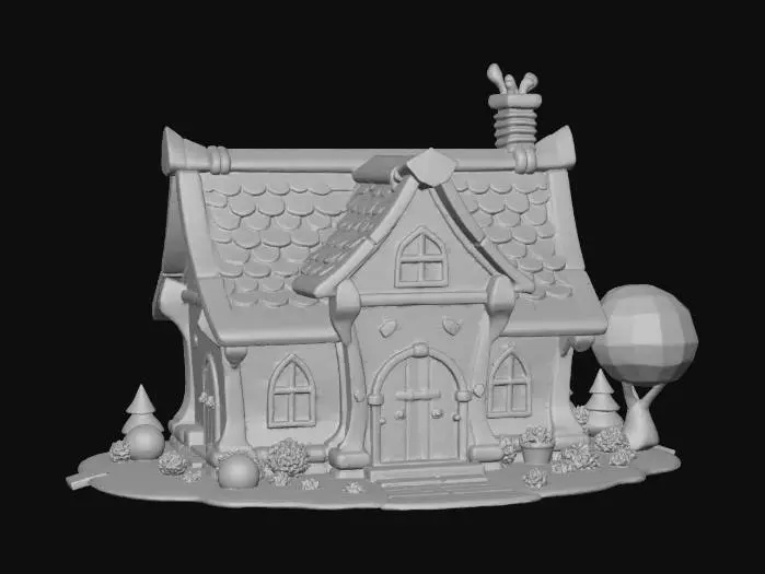 3D model for A small whimsical 2 story cottage with a steep sloped wooden panel roof and brick building cartoonish and in a zelda game asset style loy poly but highly detailed simple 3d printable design