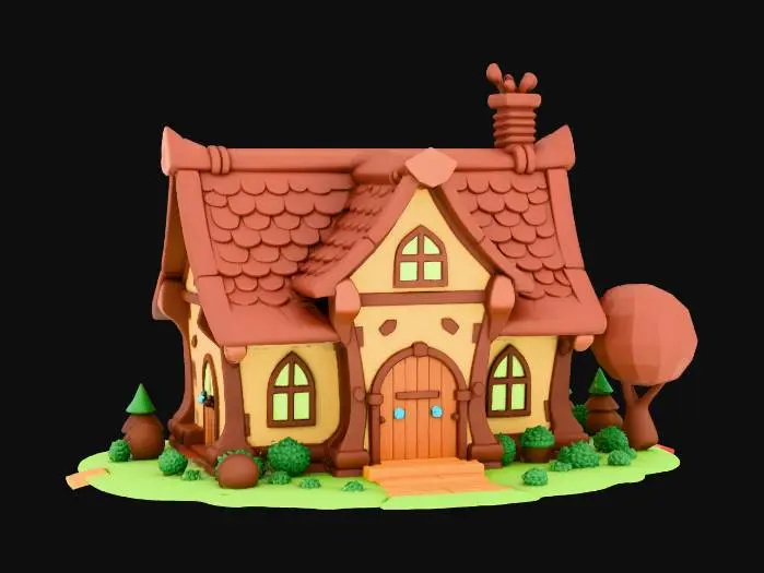 3D model for A small whimsical 2 story cottage with a steep sloped wooden panel roof and brick building cartoonish and in a zelda game asset style loy poly but highly detailed simple 3d printable design
