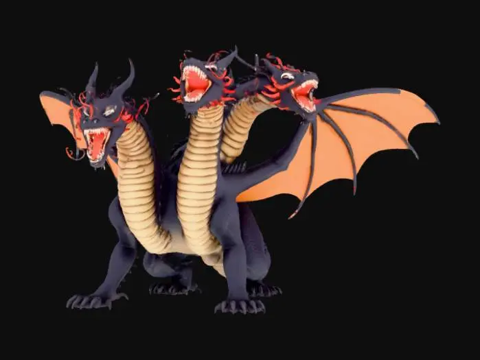 3D model for A giant five-headed dragon each head is blowing flames on a round game ready base highly detailed on the dragon scales and teeth the base should have some stones or ledges the dragon should be a hulking figure extremely formidable big boss dragon