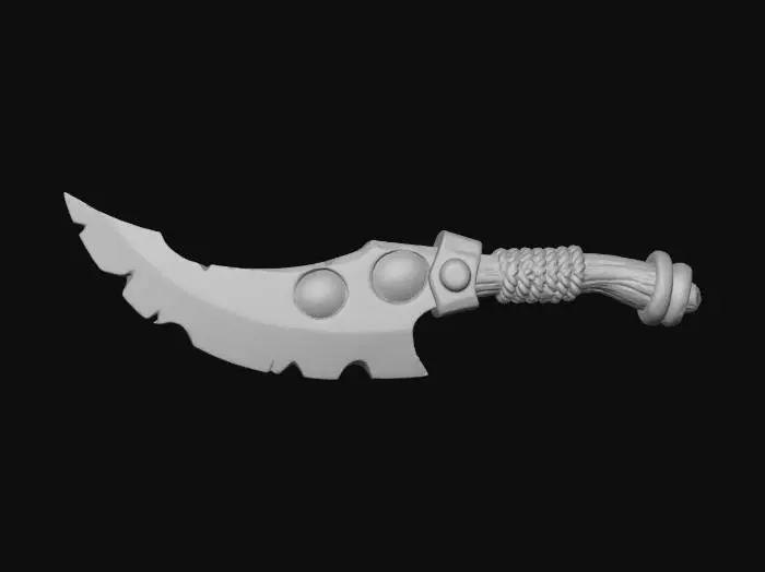 3D model for A stylized fantasy bow staff weapon floating against a dark neutral background. The blade is wide and jagged with a chipped, irregular edge, made of pale bluish steel with subtle wear and scratches. The upper spine features two circular cutouts fitted with amber-colored translucent resin inserts. The blade is attached to a short wooden handle with a warm brown finish, wrapped tightly with thick beige rope near the guard. A metal rivet secures the handle, adding a rugged, handcrafted feel. The overall style is semi-realistic with smooth sculpted forms, exaggerated proportions, and clean edges, suitable for a game or collectible 3D asset. Soft studio lighting, sharp focus, high detail, no text, no characters.